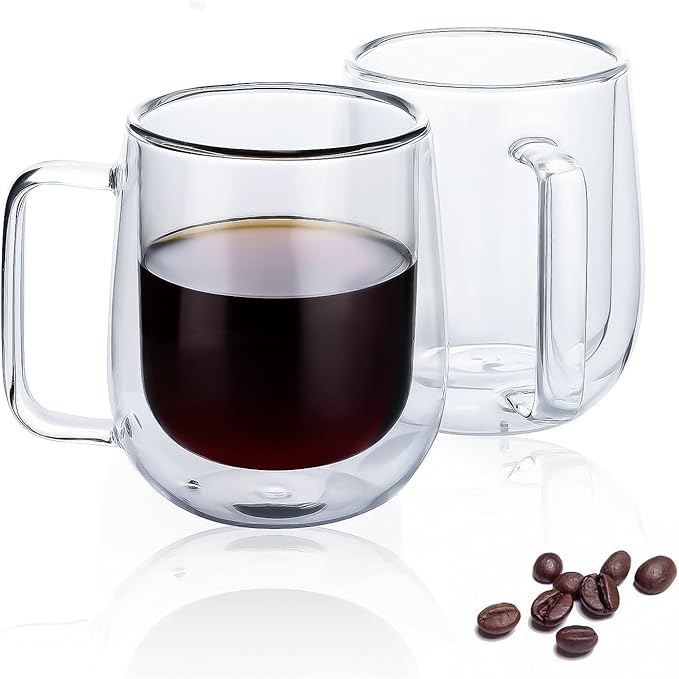 Glass Espresso Cups - Double Wall Insulated Coffee Mugs, Glass Coffee Mugs set of 2, Clear Tea Cups 8 oz, Perfect for Americano, Latte, Cappuccino, Espresso, Beverage and Tea