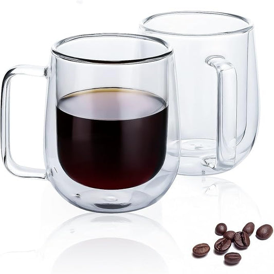 Glass Espresso Cups - Double Wall Insulated Coffee Mugs, Glass Coffee Mugs set of 2, Clear Tea Cups 8 oz, Perfect for Americano, Latte, Cappuccino, Espresso, Beverage and Tea