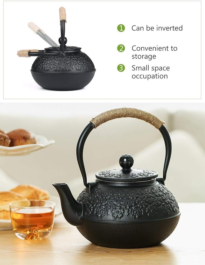 Sotya Cast Iron Teapot, 40oz/1200ml Japanese Tetsubin Tea Pot with Infuser for Loose Leaf and Tea Bags, Tea Kettle Coated with Enameled Interior for Stove Top, Black