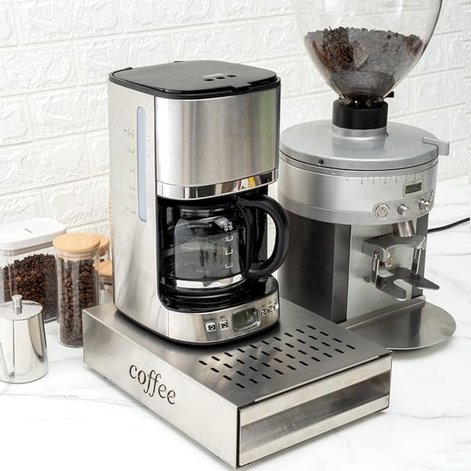 Restaurantware Restpresso 13.5 x 9.75 x 3.75 Inch Espresso Knock Box 1 Vented Coffee Knock Box - Detachable Drawer Silicone Knock Bar Silver Stainless Steel Coffee Grounds Knock Box Durable