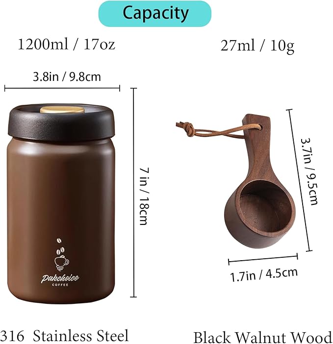Vacuum Sealed Coffee Canister | 316 Stainless Steel Airtight Container for Beans & Grounds | 1200ml