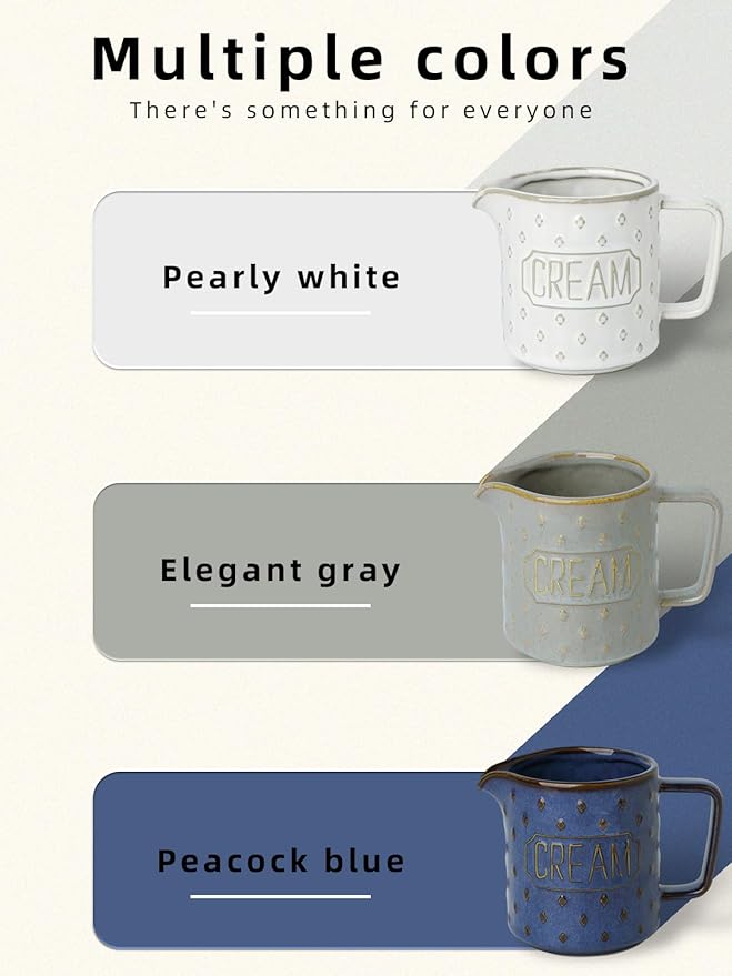 9 OZ Creamer Pitcher, Ceramic Creamer with Handle, Small Milk Pitcher Cup for Coffee, Sauces, Salad, Microwave & Dishwasher Safe (Vintage White)
