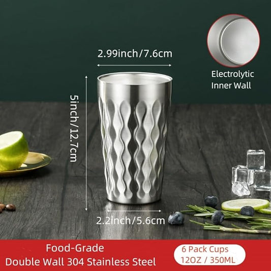 AGH 6 Pack Stainless Steel Kids Cups, 12oz Double Layer Insulated Metal Drinking Cups for Camping, Parties & Outdoors (Matte Silver)
