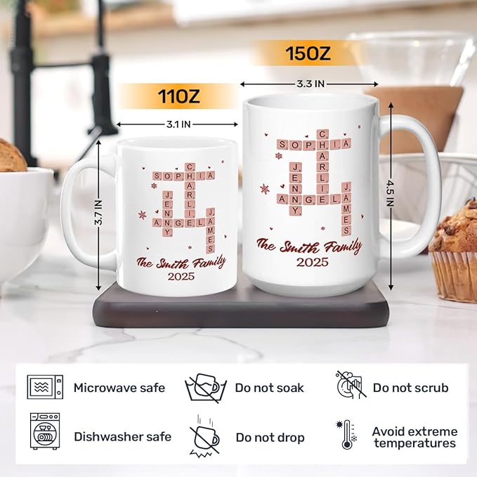 Joymade Personalized Ceramic Coffee Mug, Funny Custom Mug for Bestie, Friends, Couple, Coworker, Snowman Lovers (Family Name Scrabble Christmas)