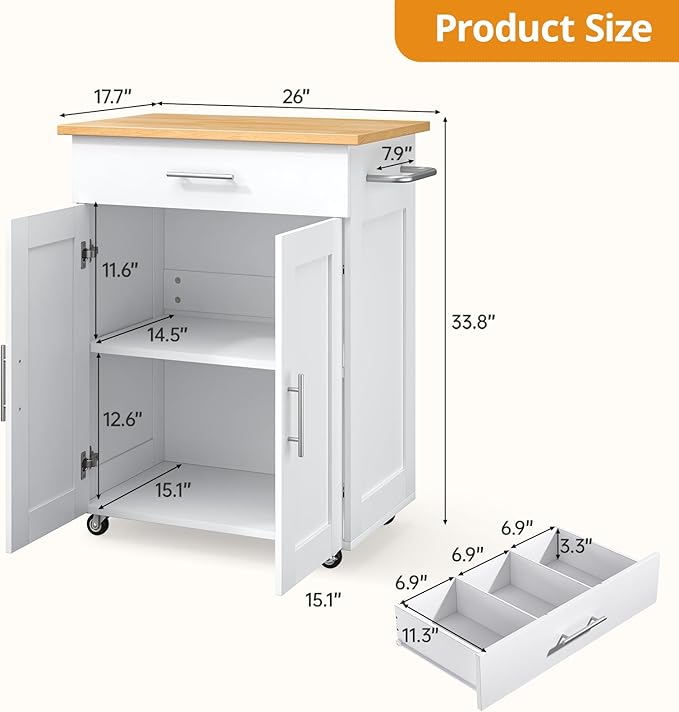 Kitchen Island Cart, Small Kitchen Island with Storage - Large Drawer, Adjustable Shelf & Towel Rack, Mobile Rolling Kitchen Island with Wheels, Space-Saving White Kitchen Organizer for Dining Room