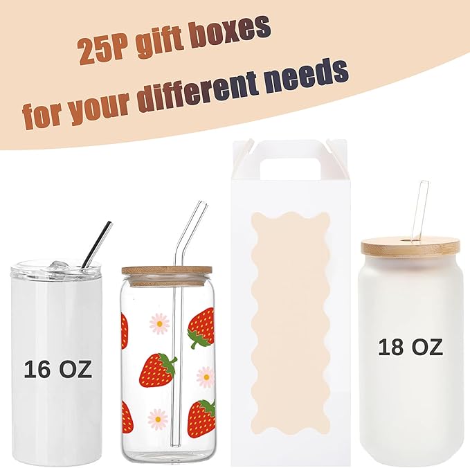 25Pcs Tumbler Gift boxes for glass cup with Handle for 16oz 18oz 20oz Sublimation Glass, Cup boxes for packaging 16oz,water bottle gift boxes,Tumbler Packaging Boxes with window for gifts(White)