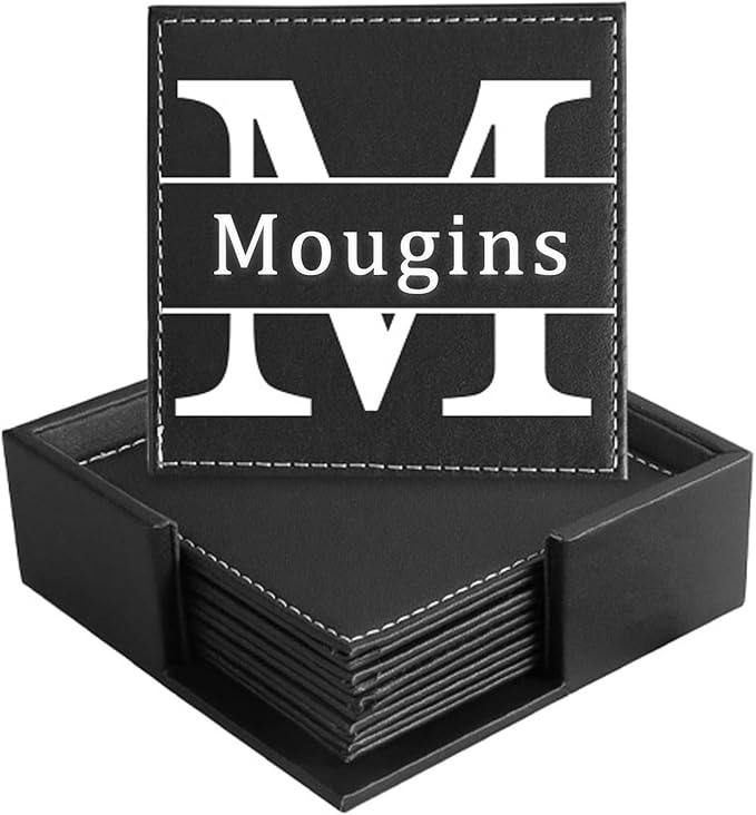 Personalized Coasters, Custom Set of 6 Leather Coaster for Drinks with Holder, DIY Name/Photo/Logo, Non-Slip, Heat Resistant, Waterproof for Coffee Table Bar Beer Wine Cup Housewarming