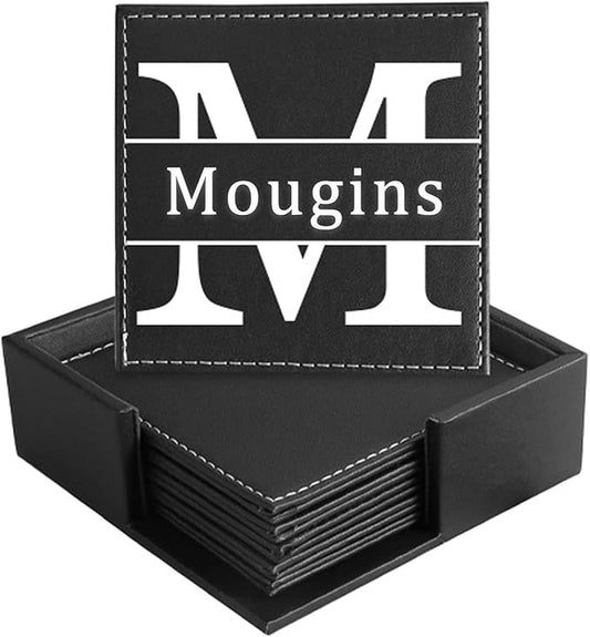 Personalized Coasters, Custom Set of 6 Leather Coaster for Drinks with Holder, DIY Name/Photo/Logo, Non-Slip, Heat Resistant, Waterproof for Coffee Table Bar Beer Wine Cup Housewarming