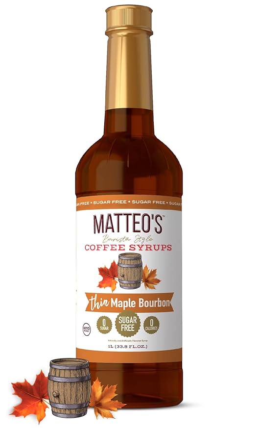 Matteo's Maple Bourbon Syrup for Coffee, Lattes, Cappuccinos & Desserts – Sugar-Free Sweetener for Beverages, Keto Friendly, Zero Calories, Indulgent Flavor, Non-Alcoholic, 33.8oz (1pk)