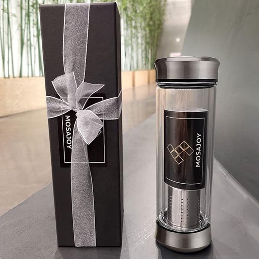 Modern Black Cylindrical Glass Travel Tea Mug with Infuser | BPA Free Double Wall Insulated 14 Ounce (A01)