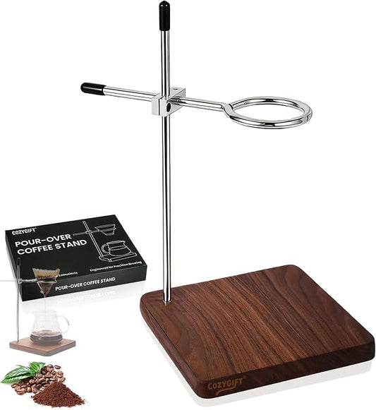 COZYGIFT Pour Over Coffee Stand with American Black Walnut Base, Adjustable Coffee Dripper Stand, Wooden Brewing Station, Cone Holder, Elegant Gift for Brew Enthusiasts, Home Barista & Kitchen Décor