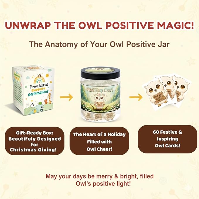 Positive Owl Jar With 60 Affirmation Cards – Emotional Support Owl Gifts For Women, Stress Relief And Daily Encouragement, Owl Themed Gifts, Office Decor For Women