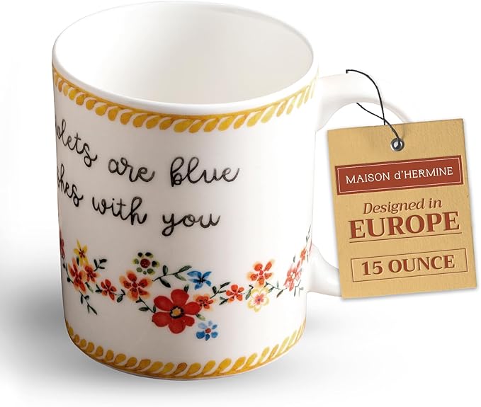 Maison d' Hermine Coffee Mug with Handles Fine Bone China Mugs Pack of One Tea Cups for Hot Beverages Cappuccino Latte Home Office Perfect for Gift (Happy Florals - Sweety Roses Are Red, 15 Ounce)