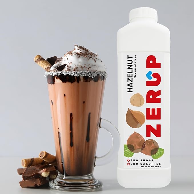 Zerup Zero Sugar Hazelnut Syrup, Sugar-Free Coffee Syrup, Zero Calories and Sugar, Keto Friendly, Ideal for Lattes, Cappuccinos, Espresso, Americano, Indulgent Taste 33.8 Oz (1L), Pack of 4