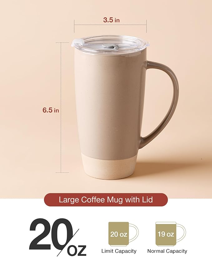 famiware Milkyway Coffee Mugs, 20oz Large Coffee Mug, Ceramic Mug Set of 2 with Lid, Cup Set with Handle for Latte, Tea, Cocoa, Milk, Home & Office, Cinnamon Brown and Dark Gray