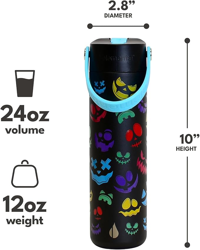 Elemental 24oz Insulated Water Bottle with Straw - 100% Leak-Proof Stainless Steel Core Water Bottles for Travel, Sports and Gym - Double Wall Insulation & BPA Free - Pumpkin Grins
