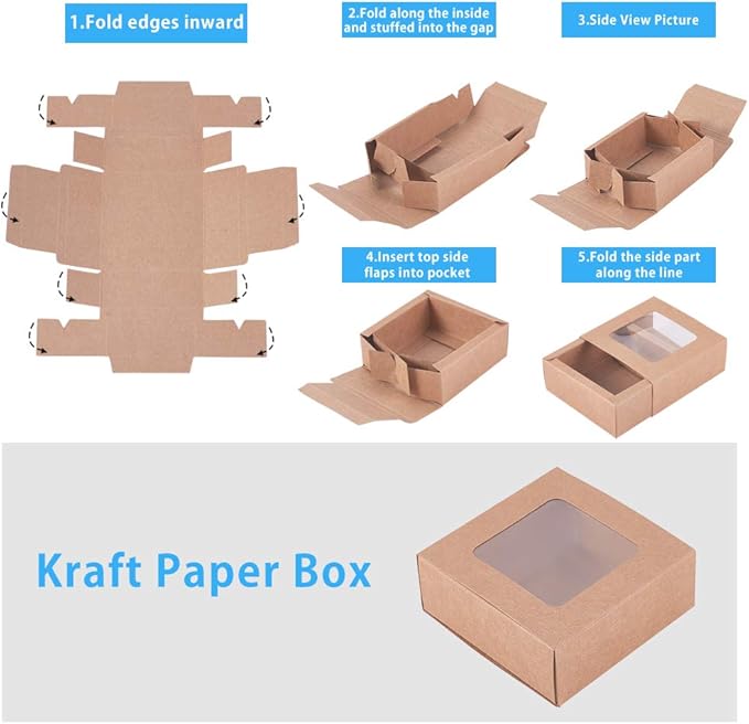 BENECREAT 24 Packs Square Kraft Paper Drawer Boxes with PVC Window Lid 2.5x2.5x1.2 Paper Gift Boxes for Bakery Party Favor Treats Storage