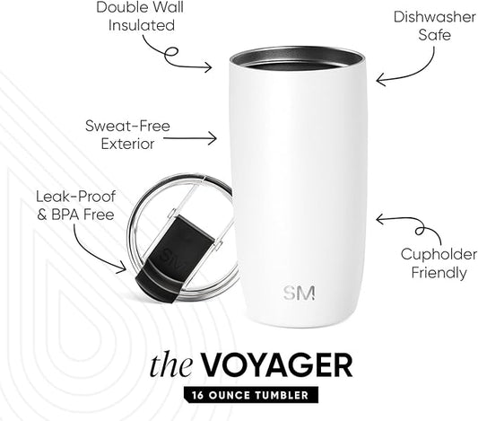 Simple Modern Travel Coffee Mug Tumbler with Flip Lid | Reusable Insulated Stainless Steel Cold Brew Iced Coffee Cup Thermos | Gifts for Women Men Him Her | Voyager Collection | 16oz | Winter White