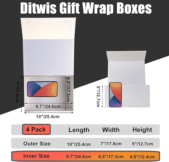 Ditwis 4 Pack 10x7x5 Inches Gift Boxes with Magnetic Closure Lids, White Magnetic Box for Wedding, Groomsmen Bridesmaid Proposal, Birthdays, Mother's Day