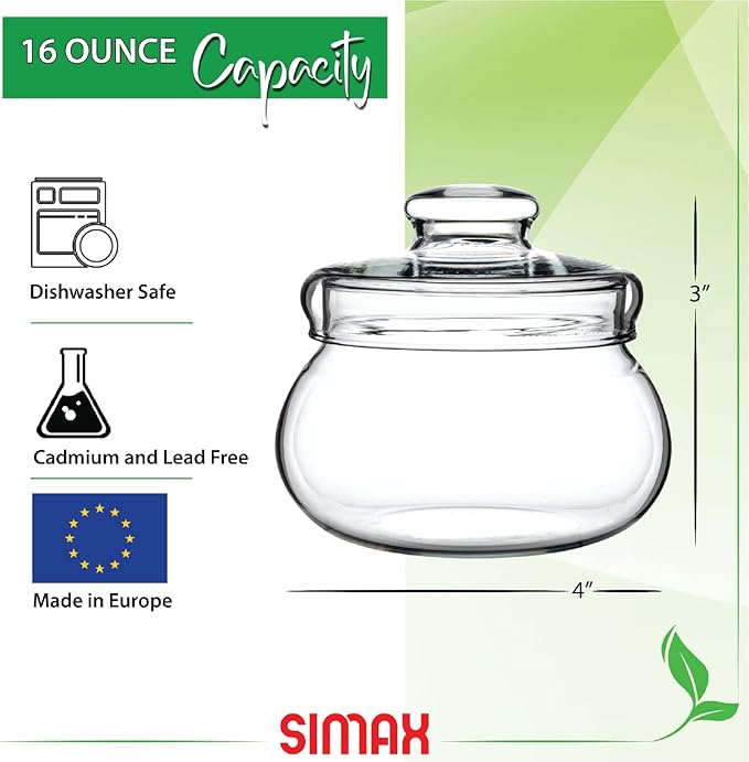 SIMAX Borosilicate Glass Sugar Bowl with Lid, 16 Ounce, Clear, Durable, Dishwasher Safe, Classic Style, Sugar Container, Coffee Beans, Nuts, Tea, Spices Holder, Made in Czech Republic