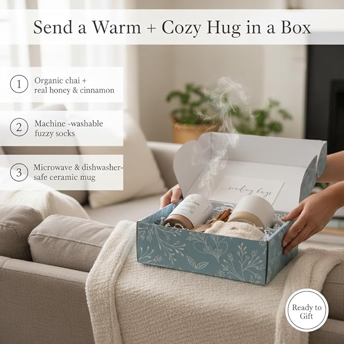 Unboxme Sending Hugs Get Well Soon Gift Basket & Care Package for Women - Self Care Gift Box with Fuzzy Socks, Ceramic Mug, Chai Tea, Honey
