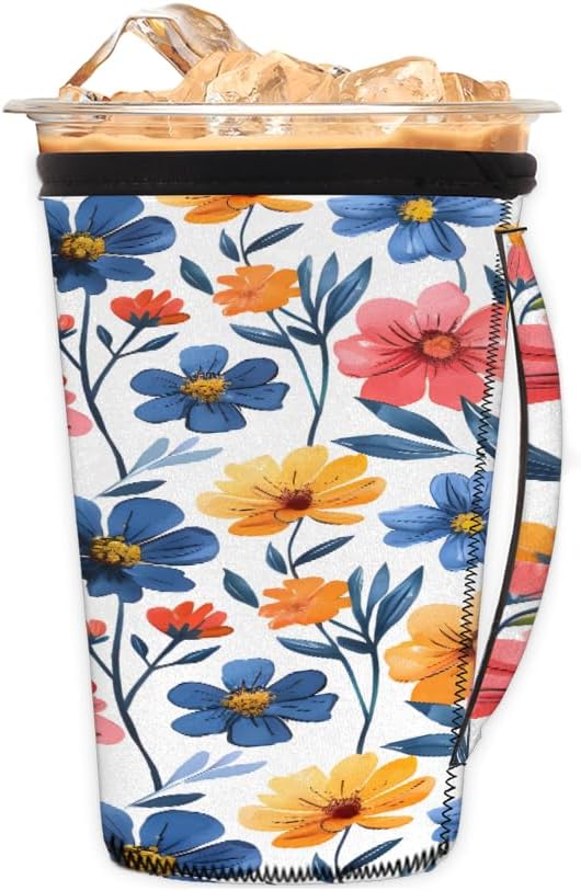 Reusable Iced Coffee Cup Sleeve Colorful Flowers Neoprene Insulated Sleeves Cup Holder with handle Idea for 16oz - 18oz