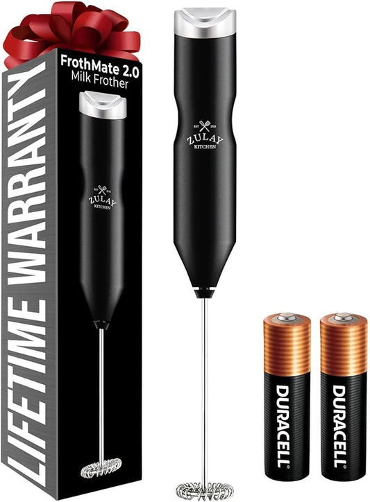 Zulay Kitchen Powerful Frother Wand AA Batteries Included, Ultra Fast Handheld Drink Mixer, Comfort Milk Frother, Stainless Steel Whisker, Frother Handheld for Coffee, Protein & Matcha - Frothmate 2.0