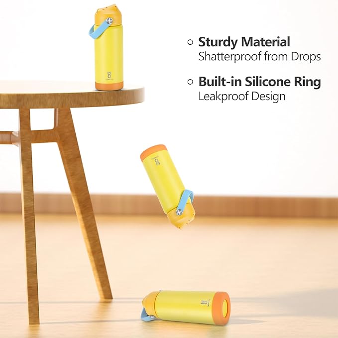 18oz Kids Insulated Water Bottle with Straw Lid & Silicone Handle,Kids Leak Proof Water Bottle for School Boys Girls,Double Wall Vacuum Stainless Steel with Non-slip Silicone Base(Yellow)