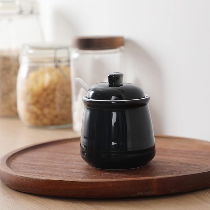 HAOTOP Porcelain Salt Bowl with Lid and Spoon,Ceramic Sugar Bowl 12oz (Black)