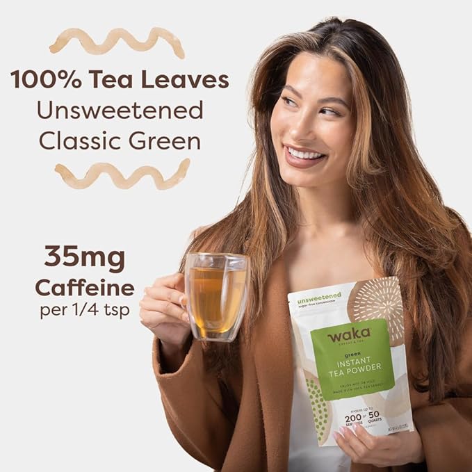 Waka Instant Green Tea Mix, Classic - 100% Tea Leaves, No Additives, Unsweetened Tea Powder for 50 Quarts or 200 Cups – Easy Quick Hot and Iced Teas (4.5oz)