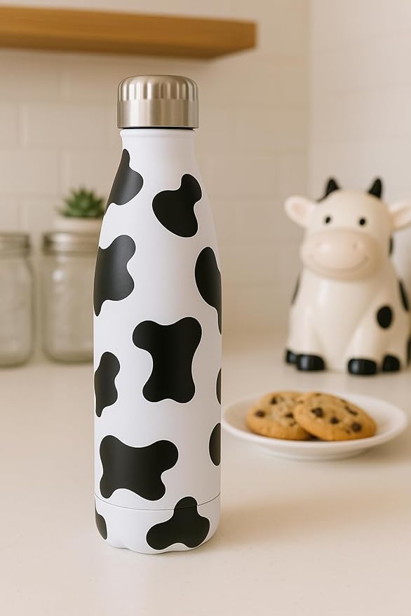 Holstein Cow Print Water Bottle - 17oz Vacuum Insulated Stainless Steel Bottle - Double Wall Copper Lined Thermos - Leak Proof & Sweat Free - Aesthetic Cow Gifts for Women & Adults by Vastigo