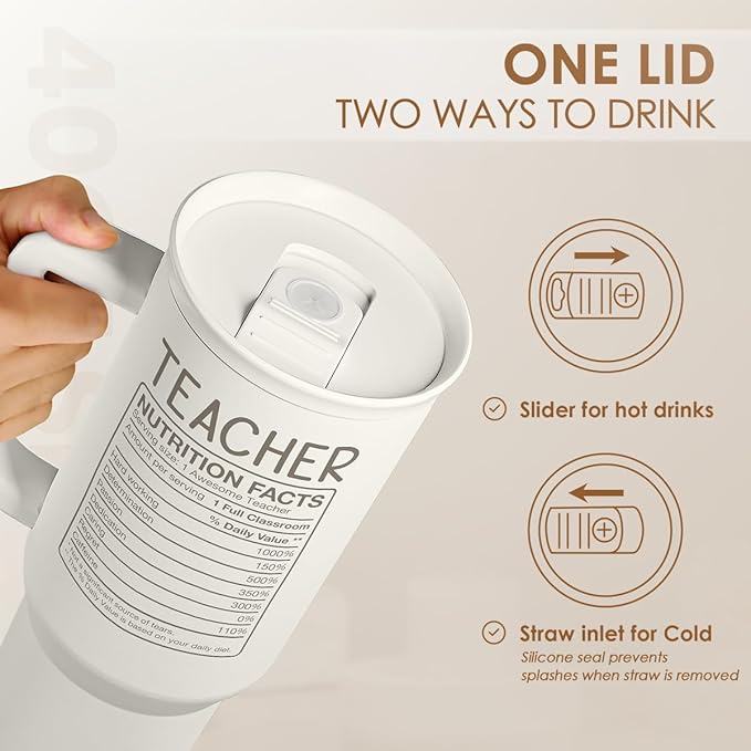 Teacher Appreciation Gift – 40oz Stainless Steel Insulated Tumbler with Handle and Straw - Teacher Nutrition Facts Travel Coffee Mug Cup for Women Back to School Birthday Christmas