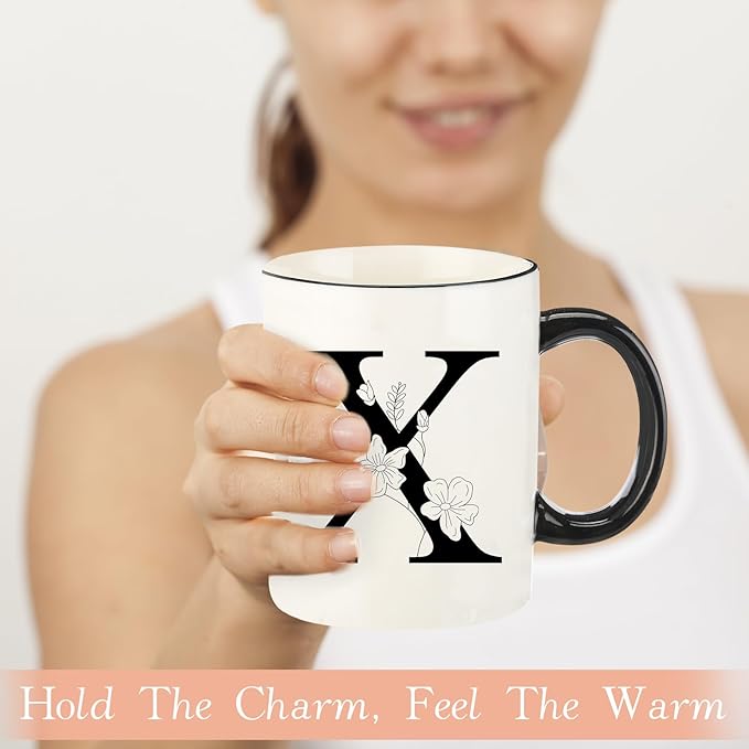 Monogram Ceramic Coffee Mugs, 11 oz Initial Drinking Cup with Gift Box, Unique Birthday Valentines Day Gifts for Women Wife Mothers Day Grandma Mom Aunt, X
