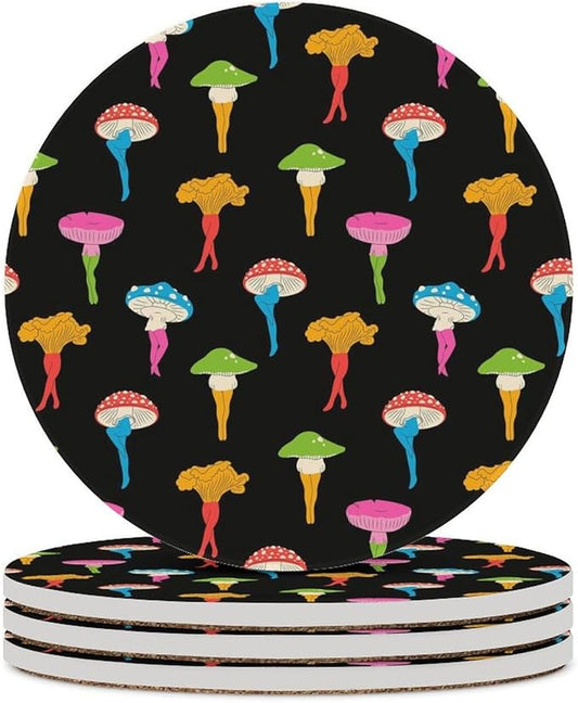 Round-4PCS Botanical Ceramic Coasters, Round Absorbent Drink Coasters, Cartoon Botanical Colorful Mushroom Pattern Ceramic Table Coasters for Coffee, Beverage, Wine, Beer Coasters