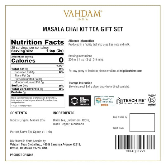 VAHDAM Masala Chai Gift Kit (1.75 ounce) | Signature Masala Chai Loose Leaf Tea in Tin Caddy with Premium Tea Spoon | Authentic Indian Chai Ritual | Elegant Gift Box