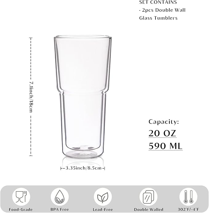 INSETLAN 20oz Double Wall Glass Cups Set of 2 – Borosilicate Glass Tumblers, Clear Insulated Glass Coffee Cups for Coffee, Cappuccino, Latte, Juice and Tea, Hot & Cold Resistant