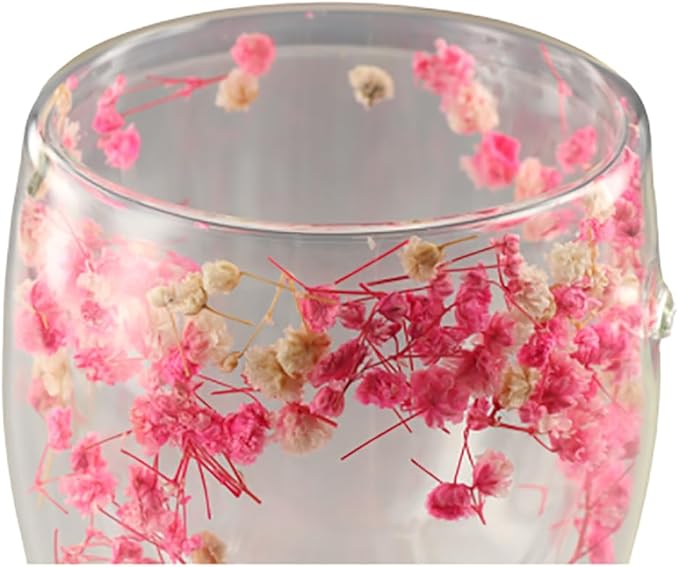 Dried Flower Double Wall Glass Coffee Mugs, 350ML Clear Flower Coffee Mug Cup with Handle Insulated Heat Resistant Glass Cup for Tea Latte Cafe Milk Hot Cold Beverages