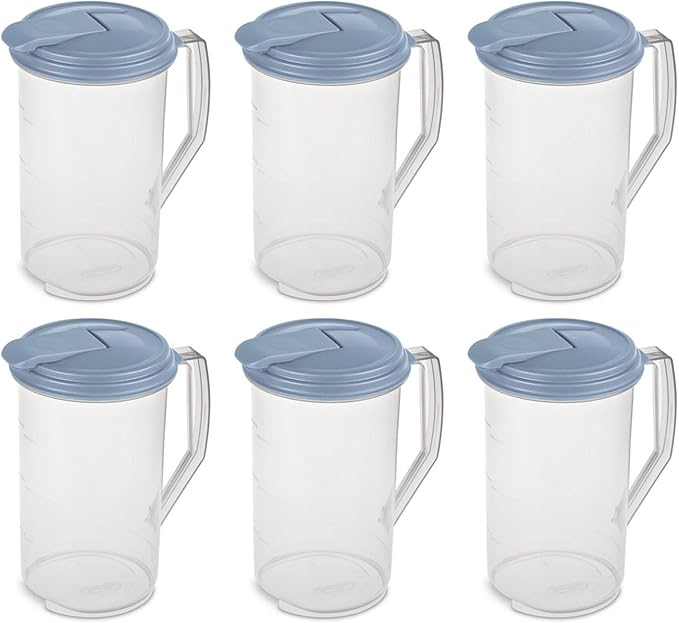 Sterilite 2 Quart Clear Round Plastic Pitcher, Dishwasher Proof with Blue Lid, Spout, and Handle for Easy Pouring, Washed Blue, 6-Pack