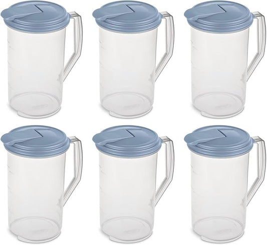 Sterilite 2 Quart Clear Round Plastic Pitcher, Dishwasher Proof with Blue Lid, Spout, and Handle for Easy Pouring, Washed Blue, 6-Pack