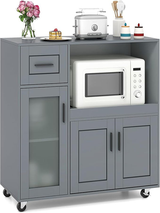 Giantex Rolling Kitchen Island with Storage, Mobile Kitchen Cart with Wheels, Tempered Glass Door, Drawer, 3-Level Adjustable Shelf, Microwave Cart, Coffee Cart Station for Dining Room, Grey