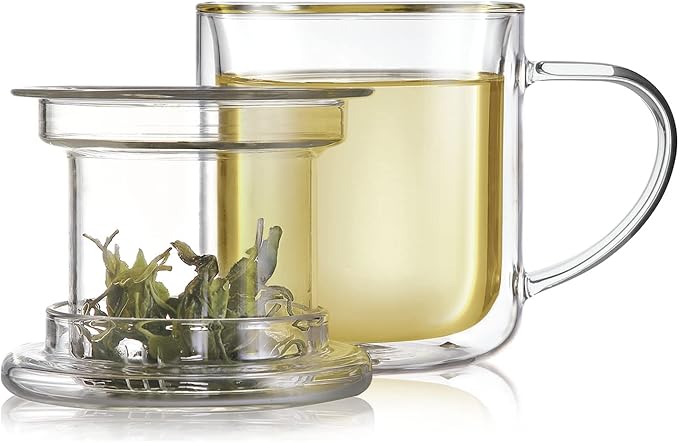 Teabloom Heatproof and Insulated Borosilicate Glass Tea Cup with Infuser for Whole-Leaf Loose Tea – Tea Purist's Choice – Wellbeing Double-Walled Infusion Mug with Lid (8 oz)