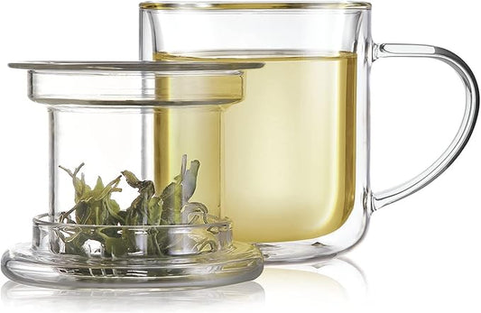 Teabloom Heatproof and Insulated Borosilicate Glass Tea Cup with Infuser for Whole-Leaf Loose Tea – Tea Purist's Choice – Wellbeing Double-Walled Infusion Mug with Lid (8 oz)