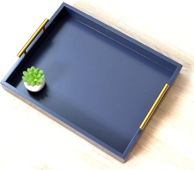 Decorative Tray with Polished Silver Metal Handles, Living Room Bathroom Coffee Bar Organizer Modern Tray for Decorative Accent Tray for Storage and Display (Sea Blue)