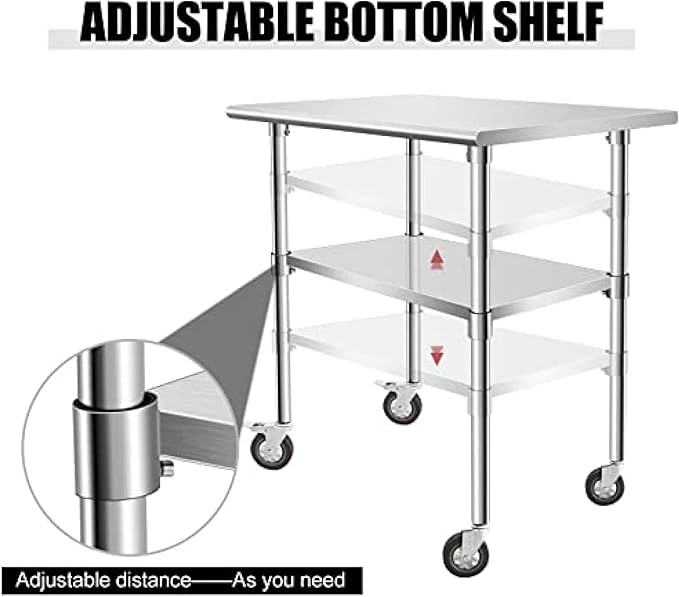 Stainless Steel Table - Metal Table Cart - Commercial Workbench with Caster Wheel - NSF Certified - for Restaurant, Warehouse, Home, Kitchen, Garage,36''x24''