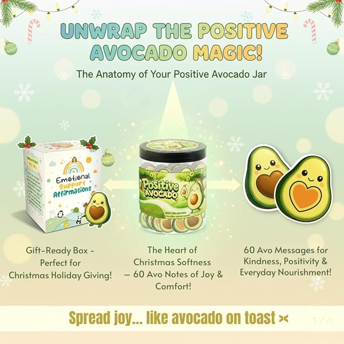Positive Avocado Jar with 60 Daily Affirmation Cards, Emotional Support Avocado Decor, Gift for Women and Teens, Inspirational Mental Health Jar for Friends Seeking Good Luck and Encouragement
