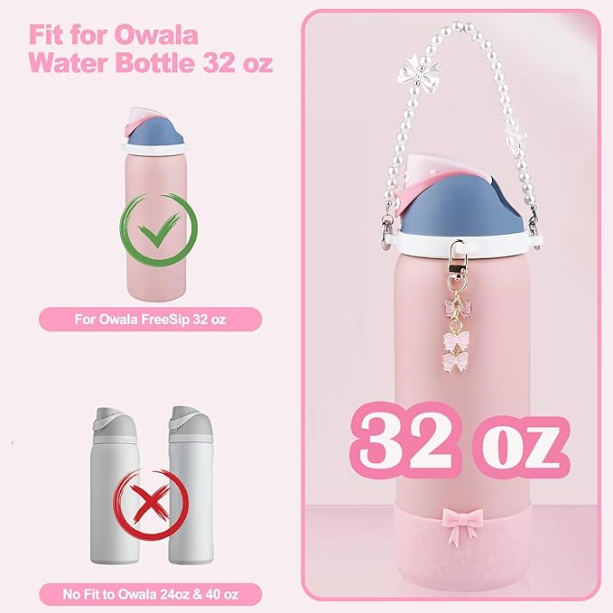 Water Bottle Accessories Set for Owala FreeSip 24oz、32 oz– Includes Pearl Handle Strap, Bow Charms,2.9in .3inch Silicone Bling Boot for Owala Accessories for Women