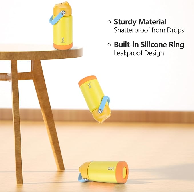 Kids Insulated Water Bottle with Straw Lid & Silicone Handle,12oz Kids Leak Proof Water Bottle for School Boys Girls,Double Wall Vacuum Stainless Steel with Non-slip Silicone Base(Yellow)