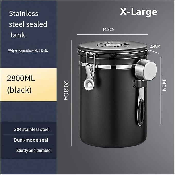 1200/1500/1800/2800ML Large Capacity Coffee Bean Vacuum Storage Container - Food-Grade Stainless Steel Airtight Canister With One-Way Air Valve For Grains, Tea, Nuts & Coffee Grounds(Silver,X-Large)
