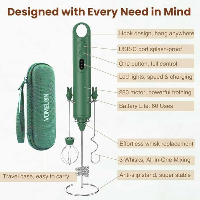 Rechargeable Milk Frother Handheld 3 Speed Coffee Foamer [3 Whisk] Electric Drink Mixer for Latte, Cappuccino, Coffee, Eggs, Hot Chocolate,Grass Green