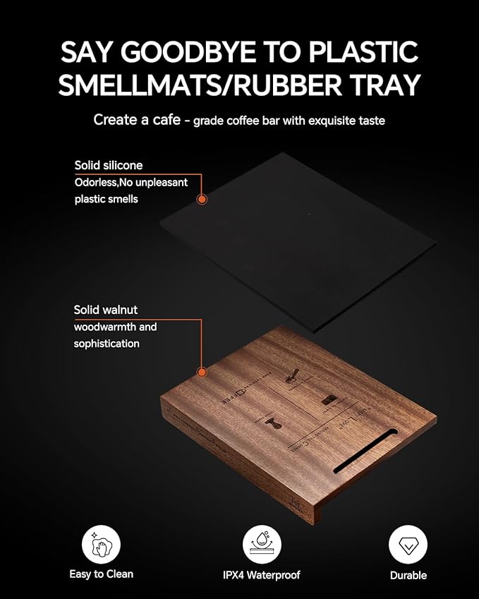 Espresso Tamping Mat - Premium Wood with Coffee Silicone Pad, Detachable Coffee Station for Barista Espresso Accessories Organizer, Corner Design Fits Coffee Bar Kitchen Counter, Walnut